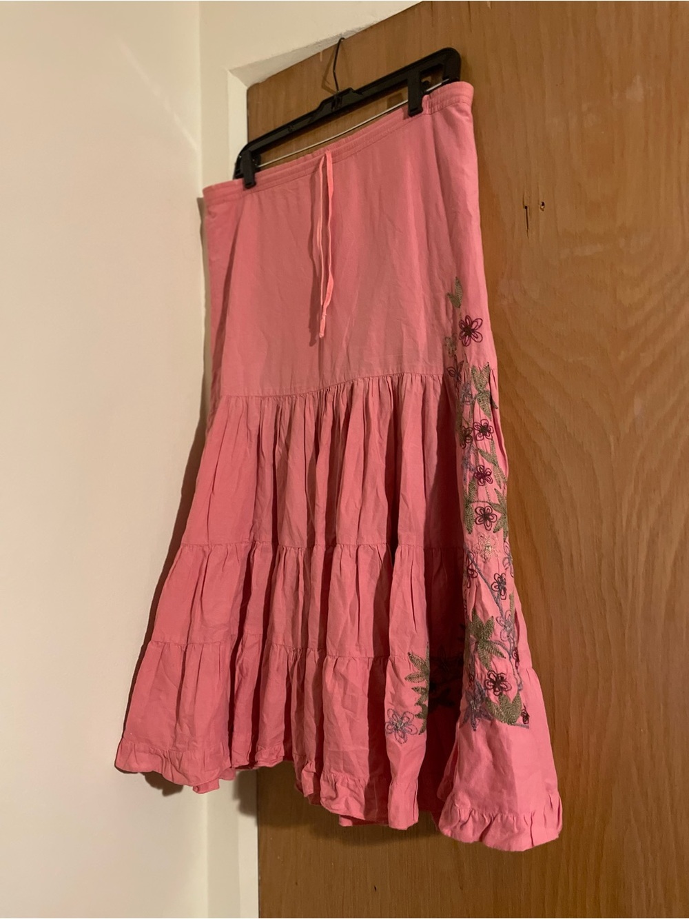 Da-Nang Pink Tiered A-Line Skirt with Floral Embroidery